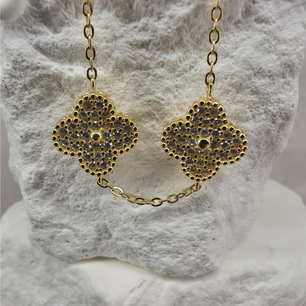 7+1" 12mm Pave Large 5-Motif Clover Bracelet 14K Gold Plated 925 Silver
